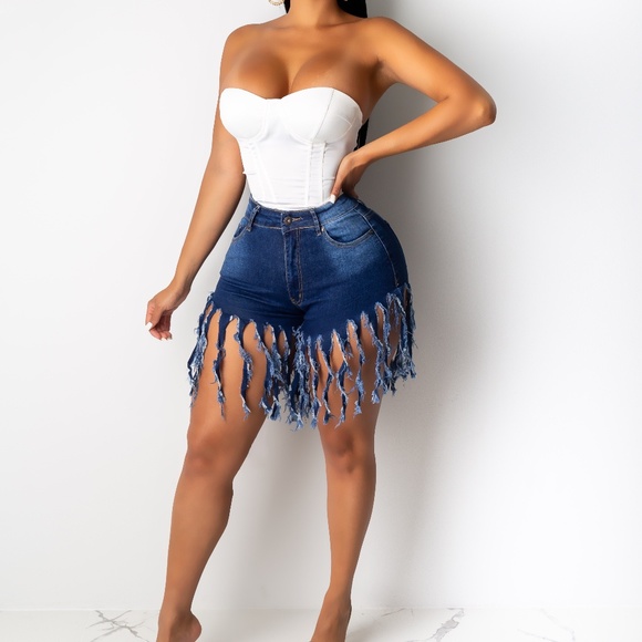 COPY - Medium Denim Bike Distressed Fringe Shorts - Picture 2 of 3